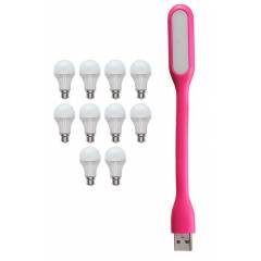 Homes Decor 10W B-22 Omega LED Bulbs with Free USB Light (Pack of 10)