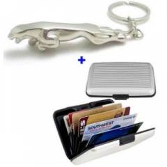 Aluma 100g Metal Stylish Alluminium Credit Card Wallet With Jaguar Metal Keychain (Pack of 2)