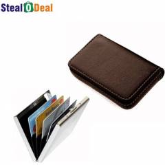 Stealodeal Full Brown Leather with Silver Plain Metal Card Holder