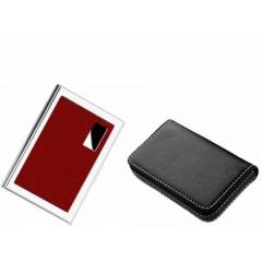 Stealodeal Full Black Leather with Red Metal Card Holder