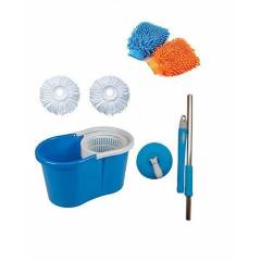 GTC Easy Magic 360 Degree Spin Floor Bucket PVC Mop with 2 Microfiber Heads & Free Tile Brush, Gloves