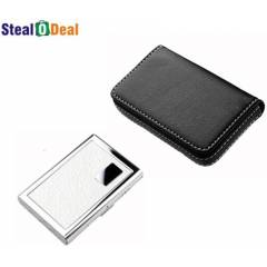 Stealodeal Full Black Leather with White Metal Card Holder
