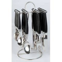 Elegante 24 Pieces Solitaire Black Stainless Steel & Plastic Cutlery Set, SL-108B