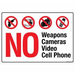 Safety Sign Store No Weapons Cameras & Video Cell Phone Sign Board, PS410-A3V-01