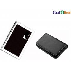 Stealodeal Full Black Leather with Brown Metal Card Holder