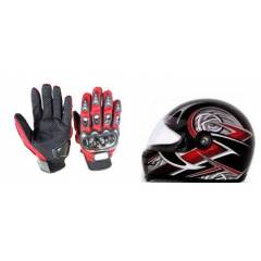 Evergreen Combo of Stylish Helmet & Red Pro Biker Gloves
