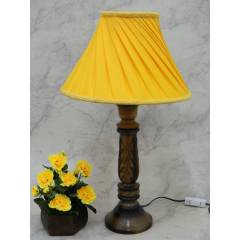 Tucasa Wooden Carving Table Lamp with Yellow Pleated Shade, LG-832