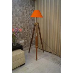 Tucasa Mango Wood Brown Tripod Floor Lamp with Polycotton Orange Shade, P-88