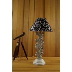 Tucasa Mango Wood Antique White Carving Table Lamp with 10 inch Polycotton Black Silver Pyramid Shade, WL-12