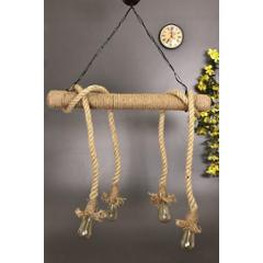 Tucasa Iron Pendent Four Light with Cream Jute Rope Shade, HG-36