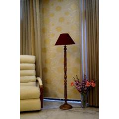 Tucasa Mango Wood Brown Floor Lamp with Maroon Conical Polycotton Shade, WF-10