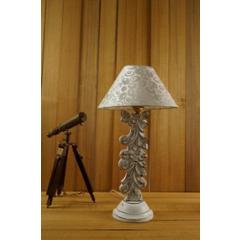 Tucasa Mango Wood Antique White Carving Table Lamp with 10 inch Polycotton White Silver Pyramid Shade, WL-17