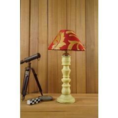 Tucasa Mango Wood Vintage Yellow Table Lamp with 10 inch Polycotton Red Gold Pyramid Shade, WL-255